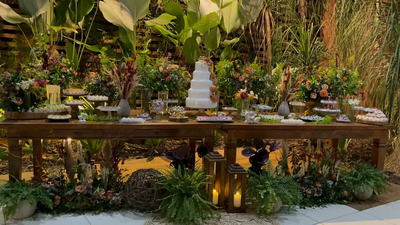 Mesa de doces rústica cercada de folhagens tropicais e lanternas