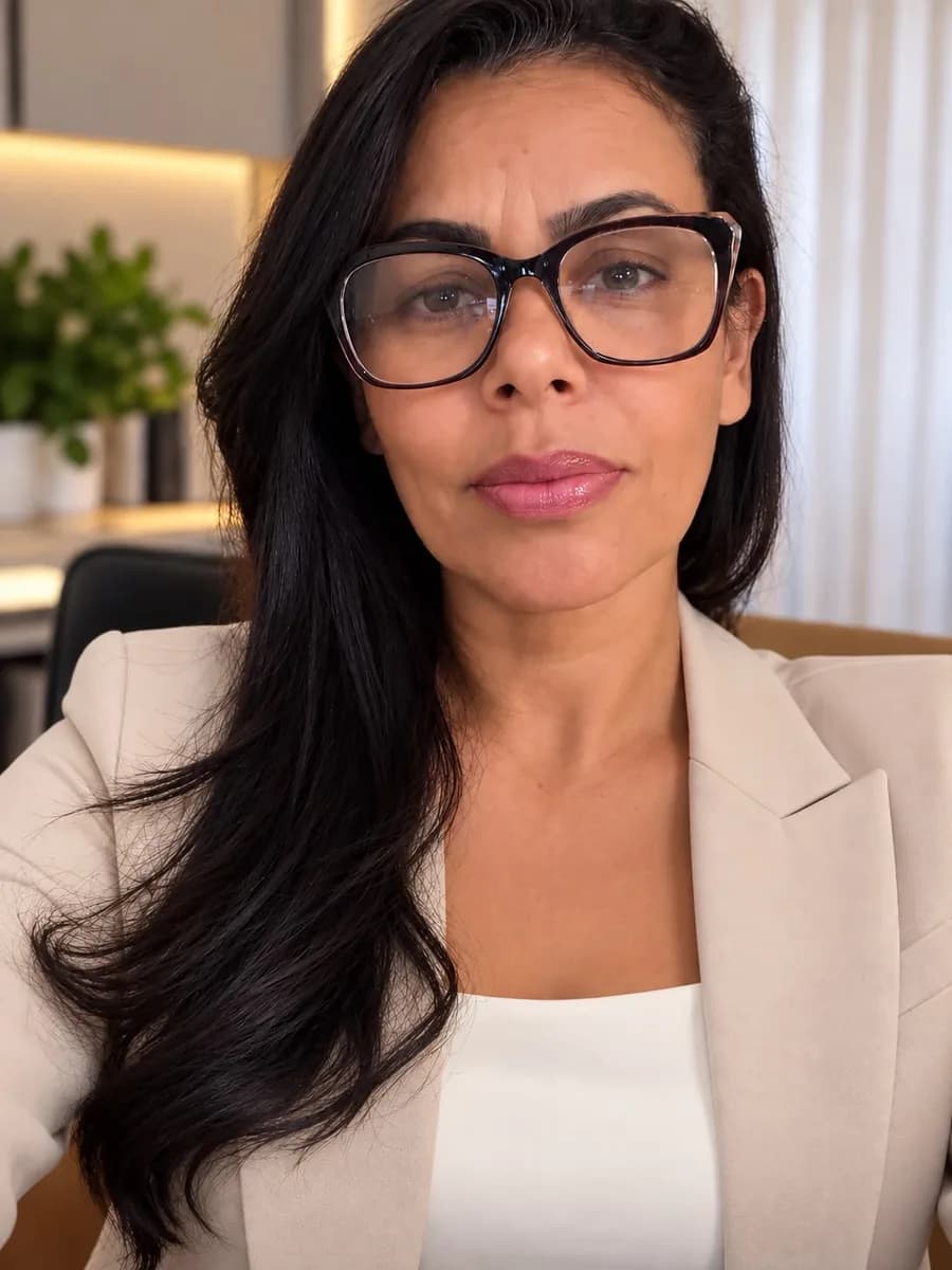 Retrato da Viviane Marcê, de óculos e blazer claro
